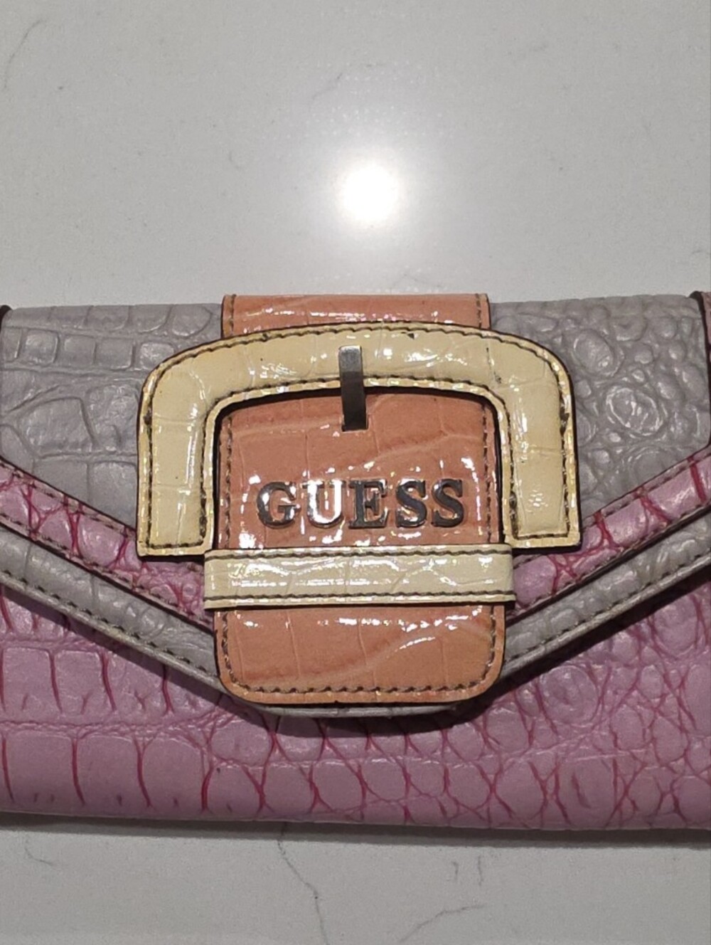 GUESS Pink, Gray & Tan Croc-Embossed Buckle Card Holder